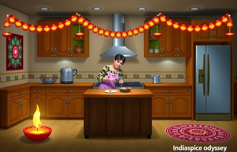Indian Spice Odyssey - Diwali Special Event Indian Spice Odyssey Diwali event showing a virtual kitchen decorated with diyas and rangoli, with a player preparing sweets